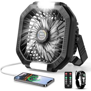 MIAOKE Ventilatore da campeggio, 10400mAh, ventilatore da tavolo USB con batteria, luce, gancio, cinturino in paracord, 4 velocità, 3 regolazioni temporizzate, adatto per camera, campeggio, viaggio
