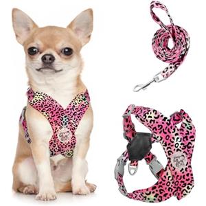 Pawaboo Set di Pettorina e Guinzaglio per Cani, Imbracatura Cani Traspirante Senza Tirare Gilet per Canis di Piccola e Media Taglia Pettorina di Sicurezza con Strisce Riflettenti, S, Leopardo Magenta