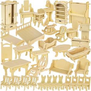 KRUZZEL Set di mobili per casa delle bambole personalizzabile 34 pezzi Cucina Bagno Soggiorno Camera da letto Cameretta Fai da te Puzzle 3D in legno 23542 Kit di artigianato KRUZZEL