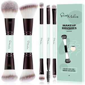 Start Makers Set di Pennelli Make Up Trucco 5 Pezzi con Fondotinta, Cipria, Contour, Fard e Ombretti - Pennelli Doppi Vegani, Ideale per Viaggio con Scatola Regalo (Azzurro Chiaro)