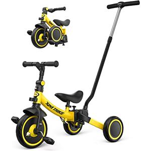 besrey Triciclo per Bambini 5-in-1 con Maniglia di Spinta per il Genitore a 5 Altezza per 1-5 Anni, Triciclo per Bambini Pieghevole, Bici per Bambini con Frizione a Ruota, Ruote Più Grandi, giallo