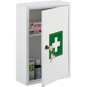 Relaxdays Armadietto Pronto Soccorso per Medicinali, Cassetta con Chiusura di Sicurezza, 32x21,5x9,5 cm, Bianco Verde