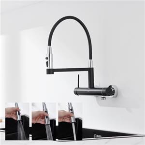 Detbom Rubinetto da Cucina a Muro con Attacco 3/4, DETBOM Rubinetto Lavello Cucina Nero in Acciaio Inox Girevole a 360°, Miscelatore Cucina Flessibile con 3 Tipi di Getto, Altezza Totale 385 mm, Nero
