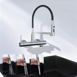 DETBOM Rubinetto da Cucina a Muro con Attacco 3/4, Rubinetto Lavello Cucina in Acciaio Inox Girevole a 360°, Miscelatore Cucina Flessibile, 3 Tipi di Getto, Altezza Totale 385 mm, Argento Spazzolato