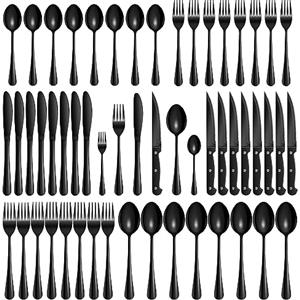 Velaze Set di Posate da Tavola per 8 Persone, Set 48 Pezzi in Acciaio Inox 18/10, Posate Servizio 16 Cucchiai, 16 Forchette, 16 Coltelli, Lavabile in Lavastoviglie - Nero