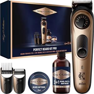 King C. Gillette Trimmer Elettrico per Barba PRO per Uomini, Set barba uomo regalo, Regolabarba, Regolatore con Ruota di Precisione 40 Lunghezze+Mini size Beard Wash 60 ml+Mini size Beard Balm 25 ml