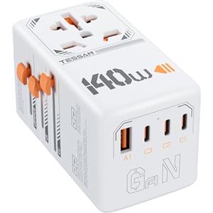 TESSAN Adattatore Universale da Viaggio, GAN Caricatore USB C 140W, Presa Universale da Viaggio con 1 USB A e 3 Tipo C, Adattatore Presa Spina per UK, USA, Australia, Tailandia, Giappone