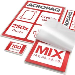 ACROPAQ Fogli plastificatrice MIX - Diversi formati, 100 micron, 250 pezzi (50 x A5, A6, A8), (100 x A4), Qualità premium, Superficie lucida, Angoli arrotondati - Plastificare fogli