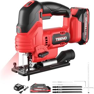 TEENO Seghetto Alternativo Senza Fili Per Batteria Makita 20V, Seghetto Alternativo laser 800-3000 SPM, 6 VELOCITÀ, LED, Angolo ±45°, 5 lame per Legno, Plastica, Metallo (Due Batterie, 2.0 AH)