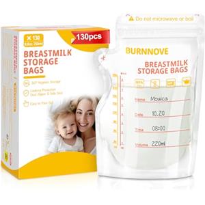 BURNNOVE Sacchetti Latte Materno 130pcs 250ml, Sacchetti per Raccolta e Conservazione Latte Materno Senza BPA, Doppia Chiusura per Congelamento e Trasporto