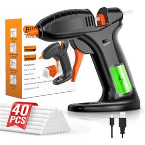 BURNNOVE Pistola per Colla a Caldo Senza Fili, Pistola per Colla a Caldo a 3000mAh Batteria Cavo di Ricarica USB-C 40 Bastoncini di Colla da 7 x 150mm per Lavori Fai da Te Riparazioni Rapide