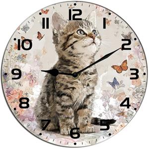 Horienteeon Orologio da parete a forma di gatto con gattino e farfalla, in legno, accurato, decorativo, silenzioso, senza ticchettio, per bagno, camera da letto, soggiorno, cucina, da appendere alla