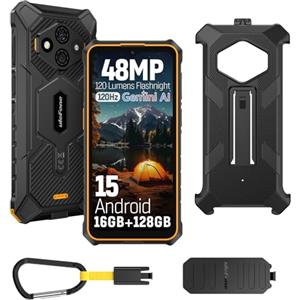 Ulefone RugKing 3 Pro Cellulare Android 15, 5700mAh AI Rugged Smartphone 16GB+128GB/SD-2TB, Octa-Core 48MP+8MP Telefono Impermeabile 6.56" 120Hz, 120LM Super Torcia/3-Slots/OTG/NFC/GPS Orange