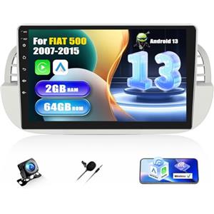 SIXWIN 2+64G Android 13 Autoradio con CarPlay/Android Aut/Mirror link per FIAT 500 2007-2015, 9 Pollici Schermo Navigatore con WiFi GPS Bluetooth RDS FM EQ USBControllo del Volante+Telecamera
