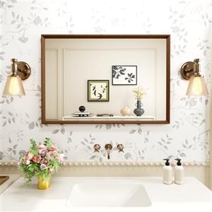 WEER Specchio da Parete Vintage, 45x65 cm Cornice Polimero Specchio da Bagno Marrone con Effetto Legno Impermeabile Specchi Decorativo Rettangolare per Camera Letto Soggiorno Orizzontale o Verticale