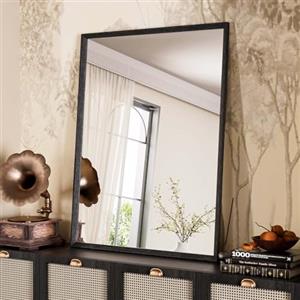 WEER Specchio da Bagno Nero, 70x90 cm Cornice Polimero Specchio da Parete Rettangolare con Effetto Legno, Impermeabile Specchi Decorativo per Bagno Camera Letto Soggiorno, Orizzontale o Verticale