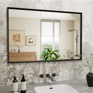 WEER Specchio da Bagno Nero, 60x90 cm Cornice Polimero Specchio da Parete Rettangolare con Effetto Legno, Impermeabile Specchi Decorativo per Bagno Camera Letto Soggiorno, Orizzontale o Verticale