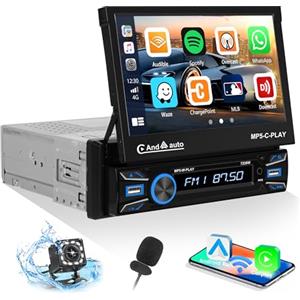 CAMECHO Wireless Carplay e Android Auto Autoradio 1 Din, 7 Pollici Elettrico Scomparsa Schermo Stereo con Mirror LInk Bluetooth FM EQ AUX Doppia USB Type-C Comandi al volante+Telecamera+MIC