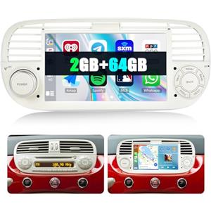 SIXWIN 2+64G Android 13 Autoradio per FIAT 500 2007-2015 con CarPlay/Android/Mirror Link, 7" HD TouchScreen Schermo Navigatore WiFi Bluetooth RDS FM EQ(Bianco)