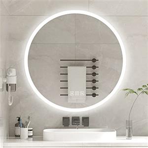 furduzz Specchio da bagno LED rotondo 800 mm, specchio da parete con luci, specchio da bagno illuminato con antiappannamento, funzione di memoria, dimmerabile, 3 colori, infrangibile