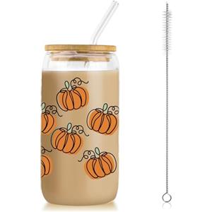 Calkkrer Tazza da caffè Ghiacciato Herbst Halloween 480ML con Coperchio e Canna, Tumbler Vetro con Motivo Zucca, Bicchiere Estetico, Regalo per Il Ringraziamento