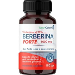 NutriOptima Berberina 1000mg/2Cps Pura HCL Forte con Acido Folico e Cardo Mariano - 180 Capsule Vegetali - Integratore per Equilibrio Digestivo, Epatico e Intestinale