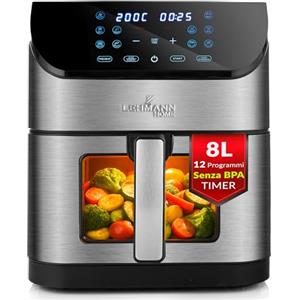 LEHMANN Friggitrice ad Aria XXL 8 Litri, 1800 W, Air Fryer con Finestra di Visualizzazione, Pannello Digitale, 12 Modalità Intelligenti, max 200°C, Lavabile in Lavastoviglie, 90% di Grassi in Meno