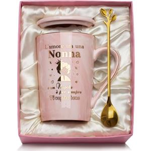 YIKILYLIFE Regalo Nonna Natale, Regalo Nonna Compleanno Tazza in Ceramica Marmo 14Oz, Regali Nonn-a Natale Creazioni Artigianali Creative Regali Nonn-a Mug, con Coperchio, Cucchiaio