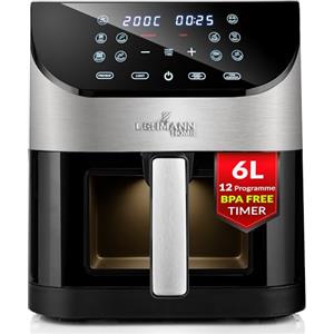 LEHMANN Friggitrice ad aria 6 Litri con Finestra di Visualizzazione, 12 Programmi & Regolazione 76-200°C, Intuitivo Pannello Digitale, Lavabile in Lavastoviglie, Air Fryer XL ideale per 4-6 Persone