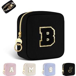 Playexen Trousse per Trucchi Donna Personalizzata Iniziale Piccola Borsa da Cosmetici Beauty Case da Viaggio Accessori Pochette Trucchi Organizer in Velluto a Coste Regalo per Ragazza Amica Compleanno Nero B