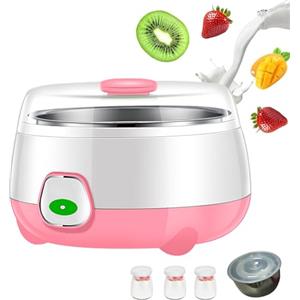 POCDUUA Yogurtiera Automatica Con Contenitore in Acciaio Inox Da 1 Litro E 3 Bottiglie in Vetro - Triplo Controllo Della Temperatura Costante A 42°C E Coperchio A Doppia Tenuta Per Dessert,Pink