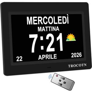 TROCOTN Grande orologio digitale per anziani, con calendario, grande display con allarmi personalizzati, orologio da parete con giorno e data, sveglia, orologio da scrivania (7 Pollici, nero)