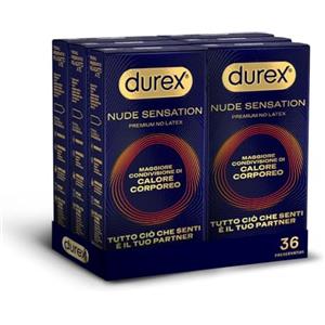 Durex Nude Sensation, Preservativi in Nitrile, Senza Lattice di Gomma Naturale, Ultra Sottili ed Extra Lubrificati, Maggiore Condivisione di Calore Corporeo, vestibilità Regular, 36 Profilattici