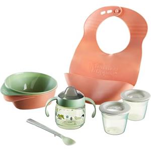 Tommee Tippee Starter Kit Inclusa 2x Ciotole, 2x Cucchiai, 1x Bavaglino in Silicone, 1x Tazza per lo Svezzamento a Prova di Perdite al 100%, 4m+ (Il Colore e Design Variano)
