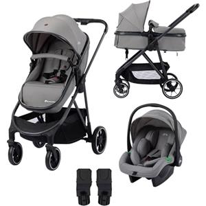 Bebeconfort Breeze Trio, Passeggino Trio con Seggiolino Auto, 0-22 kg (0-4 anni), Seduta Reversibile & Leggera, Passeggino Neonato, Seggiolino Auto i-Size, Chiusura Compatta, Mineral Grey