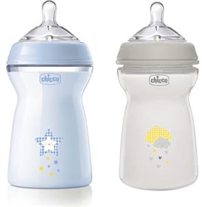 Chicco Biberon Anticolica Natural Feeling, 6 Mesi +, 330 ml, Biberon con Tettarella in Silicone Morbida e Flessibile, Adatto per allattamento misto, Flusso veloce, Azzurro e Neutro, 2 Pezzi