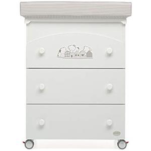 Foppapedretti Bagnetto Fasciatoio Felicity, Legno, Made in Italy, 3 Cassetti, Piano Fasciatoio Ribaltabile, Vaschetta Anatomica Estraibile, 4 ruote, Materassino Incluso, 47x69x89 cm, Bianco