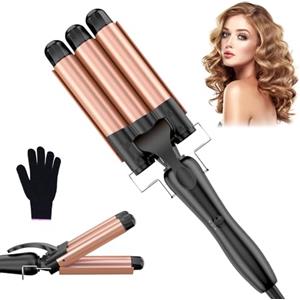 YICAIZI Ferro arricciacapelli 3 botti Beach Waves Ferro ondulato per capelli, 25 mm Piccoli riccioli Ferro arricciacapelli in ceramica Impostazione della temperatura Riscaldamento rapido con guanto, Oro rosa