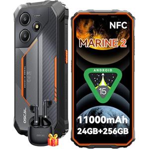 OSCAL MARINE 2 Rugged Smartphone Android 15, 11000mAh Telefono Indistruttibile 2025, 24GB+256GB/2TB Celluare Antiurto, 6.56''HD+ 90Hz, Garanzia a vita, IP68/IP69K/3 Slot/NFC/Face ID/OTG/GPS