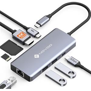 NOVOO Hub USB C 4K@60Hz HDMI 8-in-1 Gigabit Ethernet Adattatore USB C con 100W PD, SD/TF Lettore di Schede, 2 USB-A 3.0+1 USB-C Docking Station Compatibile con MacBook/iPad/iPhone/Dell/HP/Surface