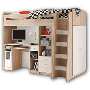 Stella Trading Unit Moderno Letto a soppalco con scrivania e Armadio, Legno di Quercia, Rovere Sonoma/Bianco, 90 x 200 cm