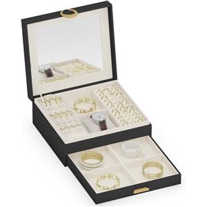 ADEL DREAM Portagioie a 2 ripiani, con vassoio estraibile, con grande specchio con struttura fai da te, per collane, anelli, orecchini, mamme e ragazze, colore nero