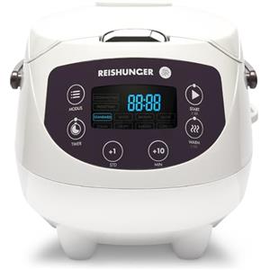 Reishunger Mini Cuociriso Digitale - Vaporiera Multifunzione Bianco Fino a 3 Persone con 8 Programmi, Tecnologia a 7 Fasi, 0.6L - Con Display LED e Funzione di Mantenimento del Caldo