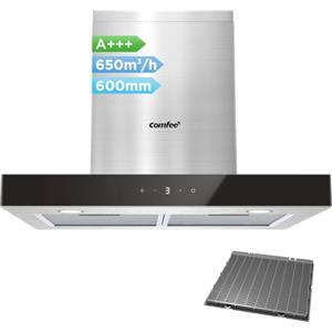 COMFEE' Cappa Aspirante 60 cm Classe A+++ TSHM77SS-60 650m³/h Acciaio Inossidabile Cappa Cucina con LED, Sistema di Ricircolo e Canalizzazione e Ciltri a Carbone