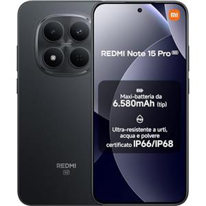 XIAOMI Redmi Note 15 Pro 5G, Smartphone 12+512GB, Batteria massiccia da 6580 mAh, IP66/IP68, Nuova fotocamera 200 MP, Display AMOLED da 6,83", Nero, Garanzia 2 anni, Caricatore non incluso