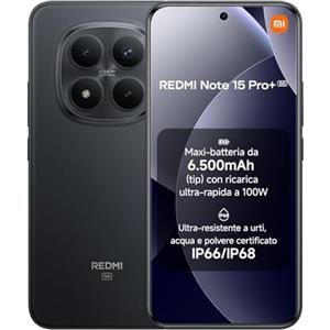 XIAOMI Redmi Note 15 Pro+ 5G, Smartphone 12+512GB, Batteria massiccia da 6500 mAh, IP66/IP68, Nuova fotocamera 200 MP, Display AMOLED da 6,83", Nero, Garanzia 2 anni, Caricatore non incluso