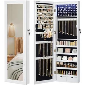 SONGMICS Specchio Portagioie con 6 Luci a LED, Alto 120 cm, Armadietto Portagioie da Parete o Porta con Chiusura e Specchio, 2 Cassetti, 10 x 37 x 120 cm, Bianco e Nero JBC93W