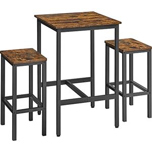 VASAGLE Tavolo Bar con 2 Sgabelli, Cucina Piccolo 60 x 60 x 90 cm, Ogni Sedia di 30 x 40 x 65 cm, Sala da Pranzo, Industriale, Marrone Vintage e Nero LBT017B01