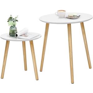 VASAGLE SONGMICS Tavolino Rotondo, Tavolino Moderno Minimalista, Set di 2 Tavolini da Caffè con Gambe in Legno di Pino, Stile Scandinavo, per Soggiorno Salotto Balcone, Bianco e Naturale LET07WN