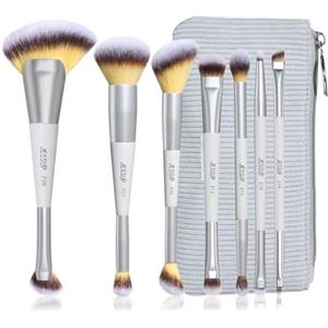 Jessup Pennnelli Make Up Set 7 pennelli trucco a doppia estremità con borsa, sintetici premium pennelli fondotinta contorno fard illuminante sfumatura ombretto correttore grigio silenzioso T520
